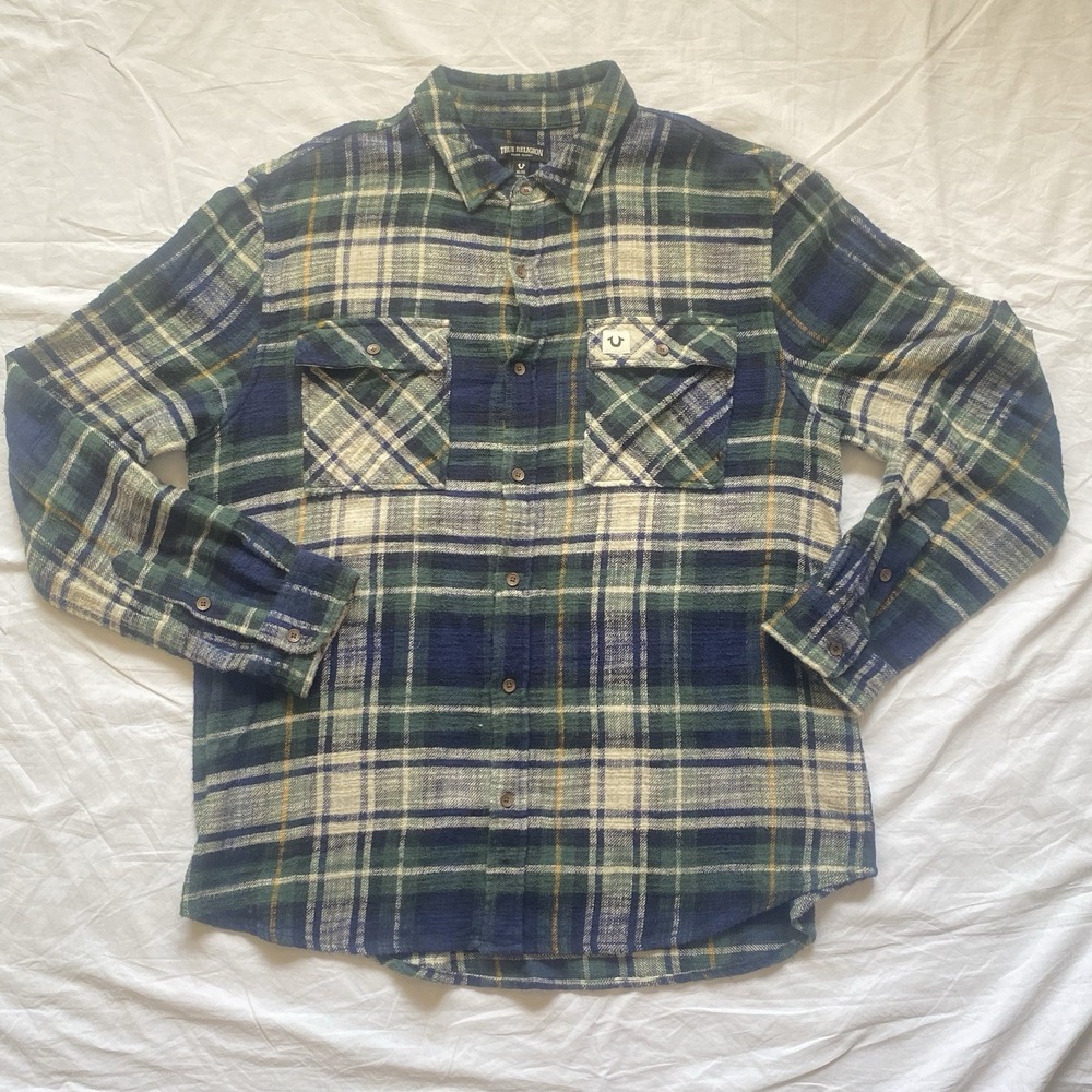True Religion Mens XL Plaid Flannel Long Sleeve Shirt Plaid Green Cabincore